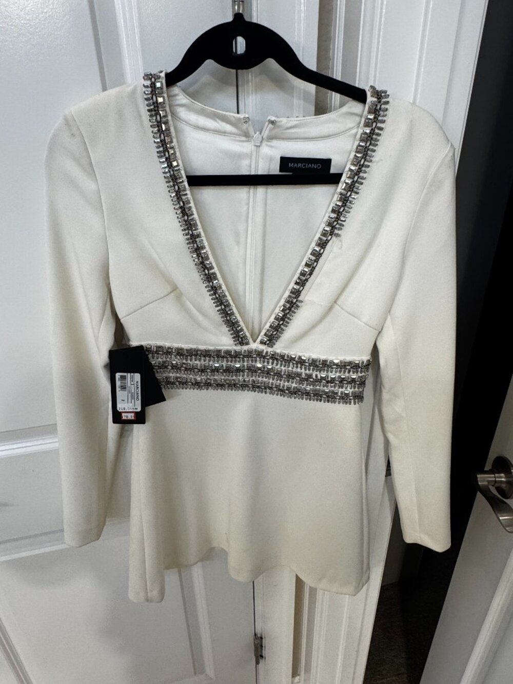 Marciano White Long-Sleeve V-Neck Peplum Dress with Silver Embellishment